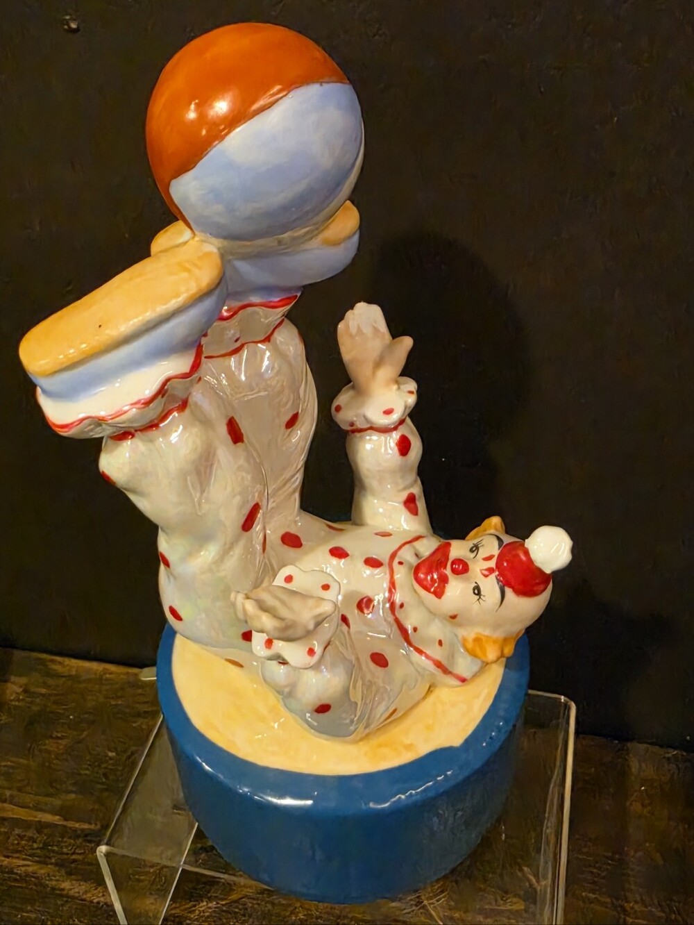 Vintage Porcelain Tumbling Clown Music Box Balancing Ball Wind Up Works 8"
